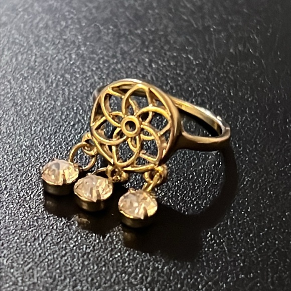Whimsical Gold Plated Dream Catcher Medallion Crystal Rhinestone Dangle Ring - Picture 6 of 11